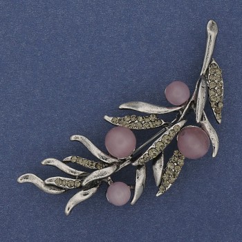 Twig Brooch with Pink Cat's Eye and Gray Rhinestones, 67×26 mm, Silver Metal