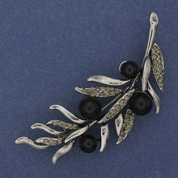 Brooch 'Twig of Agate' with Gray Crystals 67x26 mm Silvery Metal