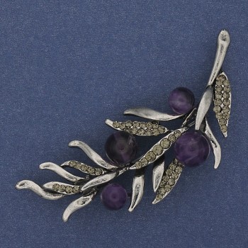 Amethyst Twig Brooch with Gray Crystals, 67x26mm, Silver-Toned Metal