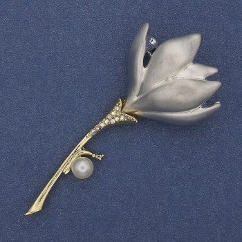 Brooch-pendant Flower with silver enamel, pearl, crystals, gold-toned metal 29x64 mm+