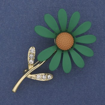 Brooch 'Daisy' with green enamel, white crystals, gold-tone metal, 65 x 39 mm