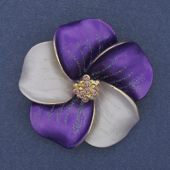 Flower Brooch-Pendant in White and Purple Matte Enamel, Purple Rhinestones, Gold-Tone Metal 49x49mm+