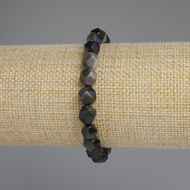 Bracelet with natural stone, Silver Obsidian facets, diameter 8×7 mm, length 18 cm ±