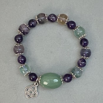 Fluorite Bead Bracelet - 10 mm Beads +/- Amethyst Bead, 8 mm Diameter +/- Jade Faceted Bead 20x15 mm +/-, 18 cm Elastic