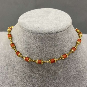 Coral Barrel Choker 6x4.5 mm, Hematite Bead 2 mm, Length 38 cm with 5 cm Extender Chain