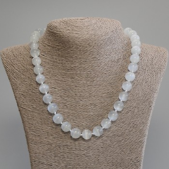 Gray Cat's-Eye Necklace with smooth beads, 12 mm diameter, 50 cm length + 5 cm extender chain