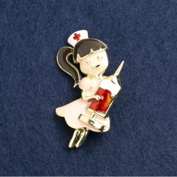 Nurse Brooch with Pink and Red Enamel, Gold Metal 44x25 mm