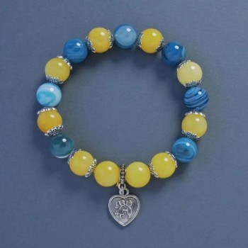 Yellow-Blue Bracelet with Agate and Citrine (artificial) Smooth Beads, 10mm Diameter, 18cm Length, Stretch with Heart Pendant