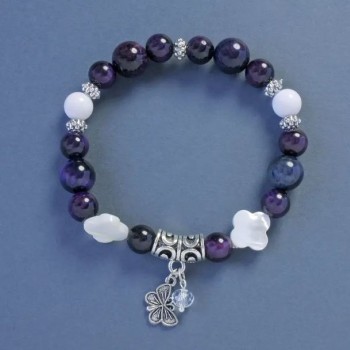 Cat's Eye and Agate Bracelet with Smooth Beads, 10 mm and 8 mm diameters, 18 cm length, stretch with Butterfly pendant