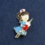 Brooch Nurse enamel blue and red, gold-tone metal 44x25mm
