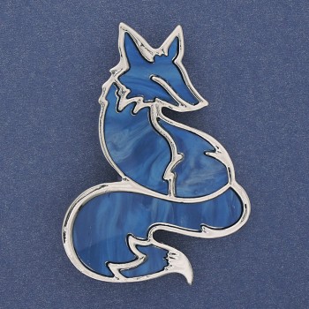 Fox Brooch-Pendant Blue Pearlescent Silvery Metal 56x38mm+
