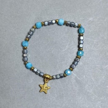 Браслет Гематит кубик, діаметр 3, 5мм+- Аквамарин кубик 6мм+-, довжина 18см стрейч