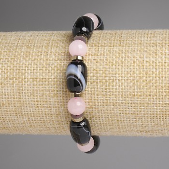 Bracelet with pink quartz beads 8mm, agate barrel beads 14x10mm, hematite rondelle beads 6x2mm, length 18 cm, stretch