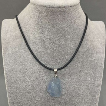 Unpolished Aquamarine Pendant, assorted diameter 31×16–37–18 mm +/- on cord, cord diameter 2.5 mm +/-, length 50 cm +/- chain