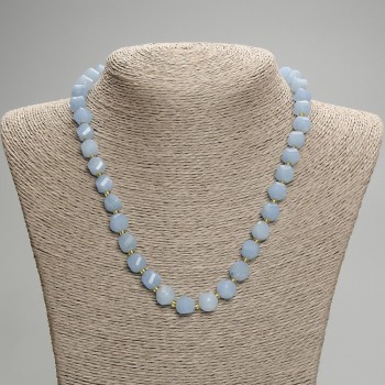 Aquamarine Necklace with Faceted Rhombus Beads, 10×9 mm diameter, 3 mm seed beads, 45 cm length, with clasp