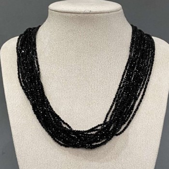 Multi-strand Necklace (15 strands) Black Agate, Faceted Beads 2 mm, 50 cm length + 5 cm Extender Chain