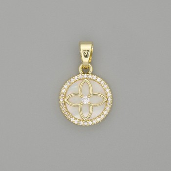 Pendant with mother-of-pearl clover in a circle of rhinestones, gold-tone metal, 20x13mm+