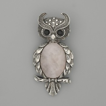 Brooch-Pendant Owl with Rose Quartz 60×29 mm ± black crystals, silver metal