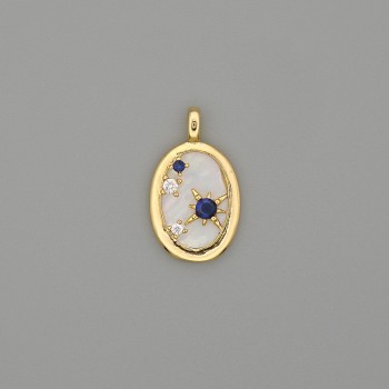 Pendant with mother-of-pearl, gold-tone metal, and rhinestones, 23x14 mm