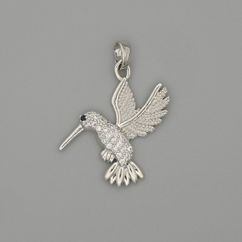 Colibri pendant - silver-tone metal with white crystals, diameter 29x21 mm
