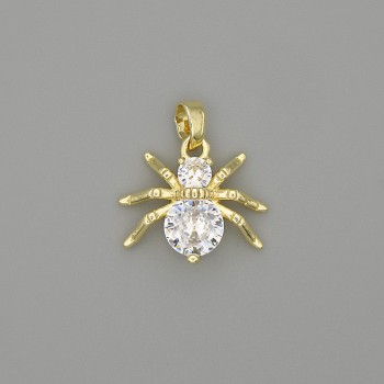 Spider Pendant, gold-tone metal with white crystals, diameter 19mm+