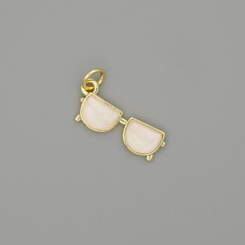 Pendant 'Glasses' with Mother-of-Pearl and White Crystals, Gold-Toned Metal, Diameter 19x6 mm