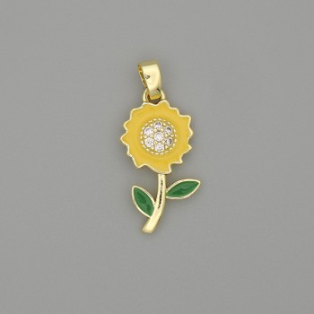 Sunflower pendant - enamel, gold-tone metal with white crystals, diameter 25x10 mm+