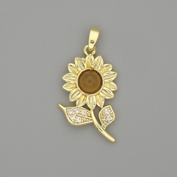 Sunflower Pendant in Golden Metal with White Crystals, 30×17 mm diameter