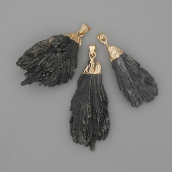 Kyanite pendant, unpolished stone, golden metal frame, 50-67 x 14-22 mm +/- assorted sizes