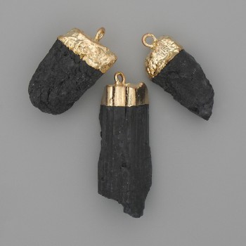 Sherl Tourmaline Pendant, Uncut Stone, Gold-Tone Metal, 24-30 x 13-15 mm +/- Assorted Sizes