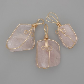 Pink Quartz Pendant with Unpolished Stone in Golden Wire Wrap 55x26mm +/- Assorted Sizes