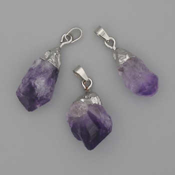 Amethyst Pendant with Raw Stone, Silver-Tone Metal, 20–26×11–15 mm, Assorted Sizes