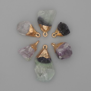 Fluorite Pendant with Raw Stone, Golden Metal, 18-27×12-16 mm ±, Assorted Sizes