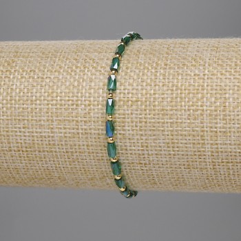 Green Czech Crystal Bracelet with Faceted Cylinders and Beads, 18 cm Stretch