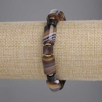 Agate Bracelet with Cylindrical Beads, 14×10 mm ±, 8 pcs; 5×6 mm ±, with metal inserts, length 18 cm ±, elastic