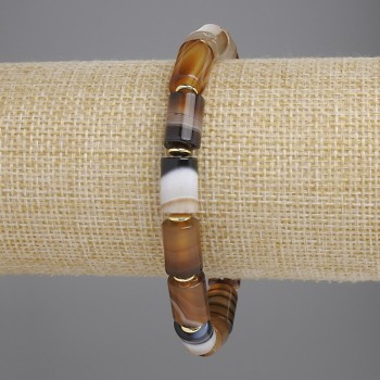 Agate bracelet with cylindrical beads, diameter 11.5x8 mm, with metal inserts, length 18 cm, stretch