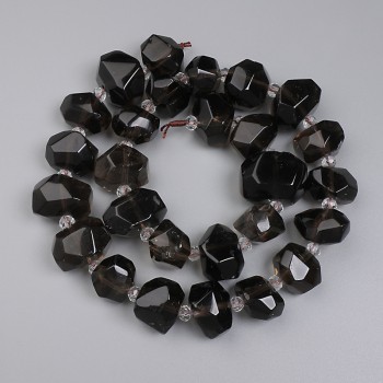 Smoky quartz beads, faceted, 15–20×12–15 mm, 4 mm seed beads, on thread, 40 cm length