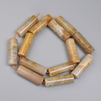 Fossilized Coral Beads, Cylindrical, 28×10 mm diameter, on thread, 39 cm length