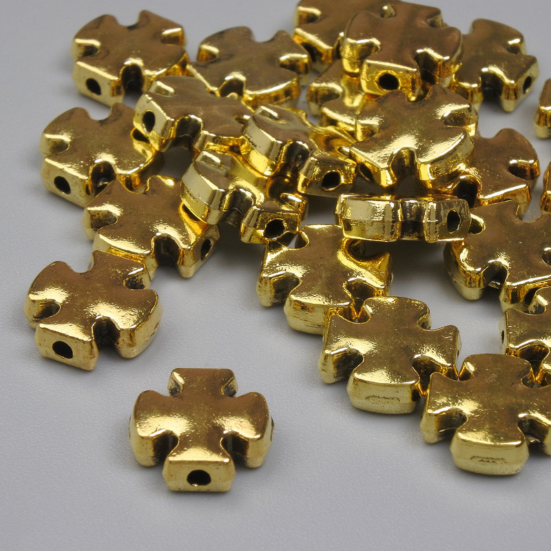 Bead-insert Cross - Gold-tone metal, 9×9 mm, hole diameter ~1.3 mm, packaging 20 g (~24 pcs)