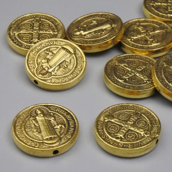 Bead Insert Saint Benedict, Gold Color, 14.5 mm Diameter, 1 mm Hole Diameter, Packaging 20 g (~10 pcs)