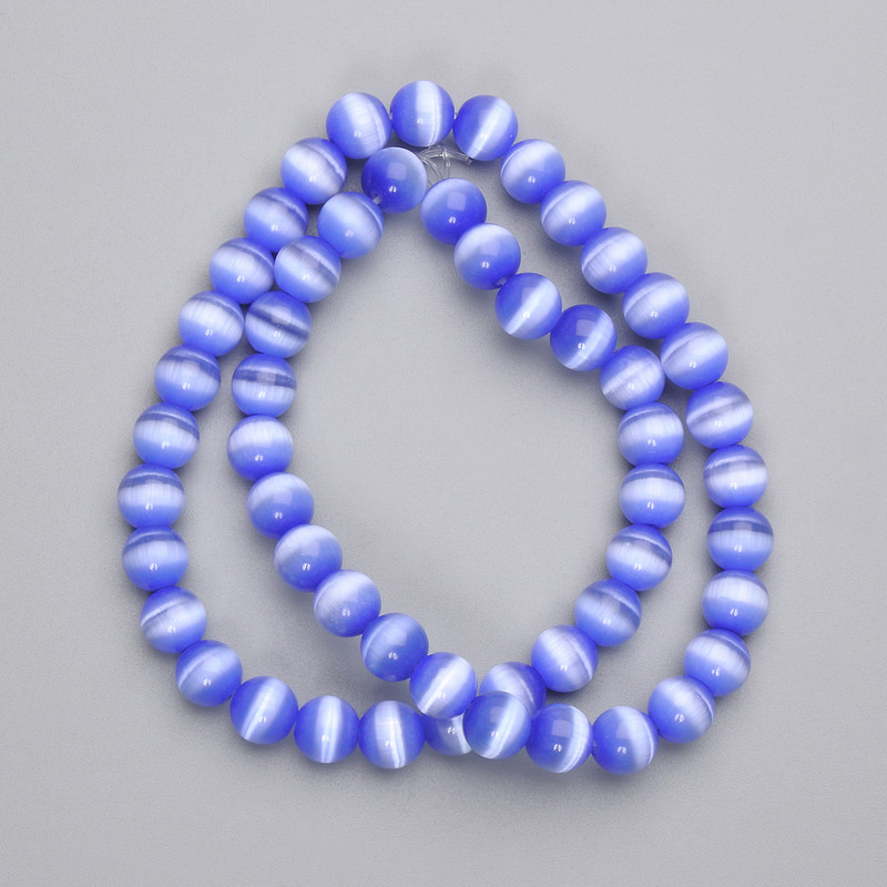 Blue Cat's Eye Beads, Synthetic Stone, Smooth Round Beads, 8 mm Diameter, On Beading Thread, Length 39 cm