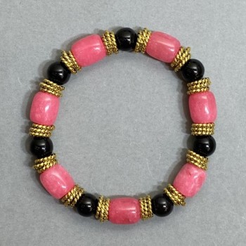 Bracelet with barrel-shaped tourmaline beads (10x8 mm, 5 mm) and agate round beads (8 mm) with metal inserts, length 18 cm, elastic