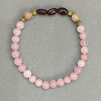 Bracelet with Rose Quartz Beads, 6 mm diameter; Garnet Faceted Bead 8x5 mm; Metal Inserts; 18 cm length; Stretch