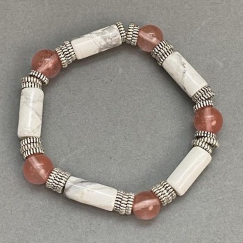 Bracelet with chalcedony beads and kacholong cylinders, 10 mm diameter, 17x7 mm cylinders, with metal inserts, length 18 cm, stretch