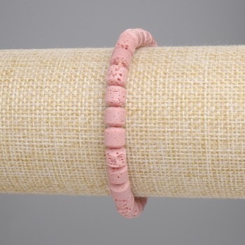 Pink Volcanic Lava Bracelet with Cylindrical Beads, 6x6 mm, 18 cm Stretch