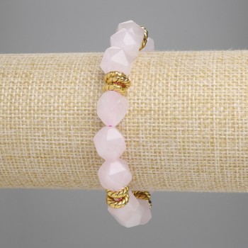Bracelet, faceted rose quartz, diameter 12×11 mm ±, with metal inserts, length 18 cm ± stretch