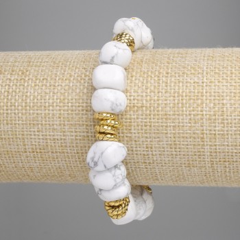 Cacholong Faceted Bead Bracelet, bead diameter 10–14 × 7–10 mm ±, with metal inserts, length 18 cm ±, stretch