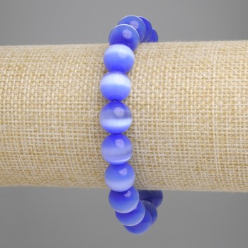 Blue Cat's Eye Bracelet (Synthetic) Smooth Beads, 10mm Diameter, 18cm Length, Elastic