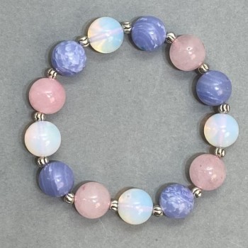 Браслет Асорті (Опаліт Агат Рожевий кварц) кулька, діаметр 12мм+-з металевими вставками, довжина 18см+- стрейч