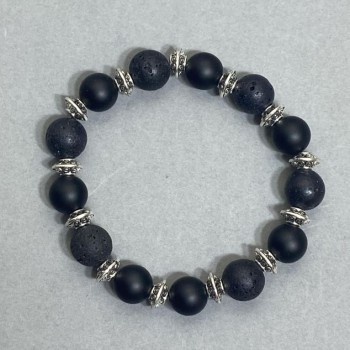Shungite and Lava Bracelet with Smooth Beads, 10 mm Diameter, with Metal Inserts, 18 cm Length (Stretch)